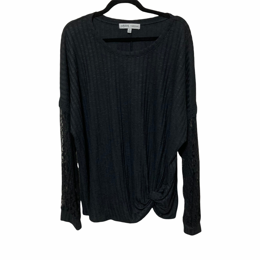 Absolutely Famous Womens Lace Sheer Long Sleeve Knotted Front Blouse 2x Black
